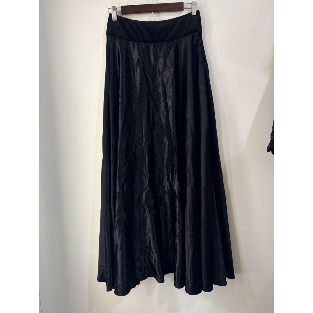 Vintage Ralph Lauren‎ Black Satin Bias Maxi Skirt Velvet Waist XS 80s Rare